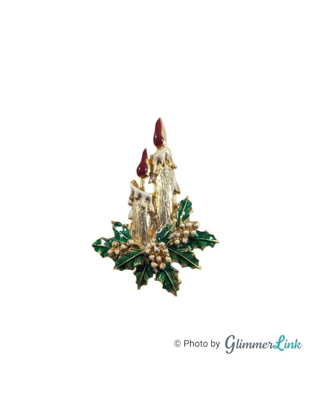 Vintage Silent Night Candle Holly Brooch Enamel Gold Tone Christmas Pin